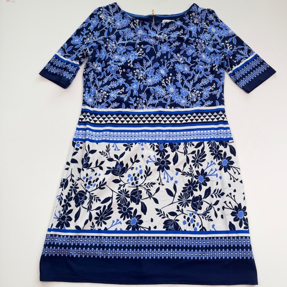 Eliza J Blue Floral Geometric Print Shift Dress Gold Zipper Short Sleeve 12